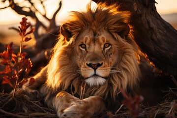 Lion Dourado stretches in the sunny savannah., generative IA