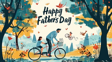 An illustration of a father teaching his child to ride a bike in a park setting. "Happy Father's Day" in bold, cheerful typography, integrated into the scene. 
