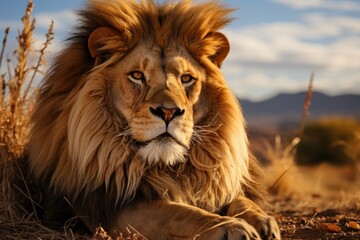 Fototapeta premium Lone lion, majestic, watches vast plains from the top of a rock., generative IA