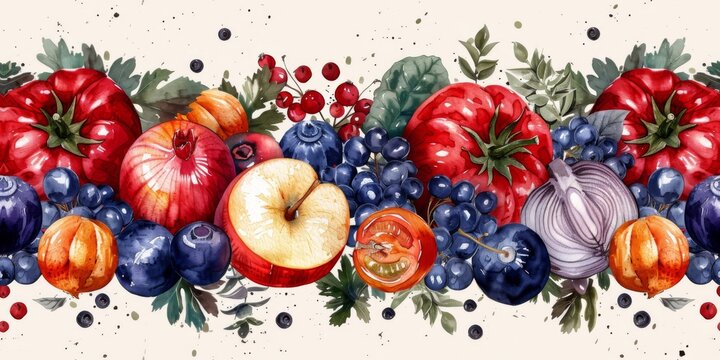drawing seamless pattern with vegetables and fruits at white background hand drawn illustration.