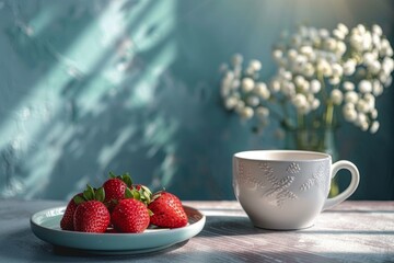 Serene morning setting with ripe strawberries on a pastel plate, a decorative cup, and a vase of...