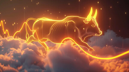 Obraz na płótnie Canvas Golden bull with glowing horns charging up a graph line that spirals into the clouds symbolizing a surging cryptocurrency market
