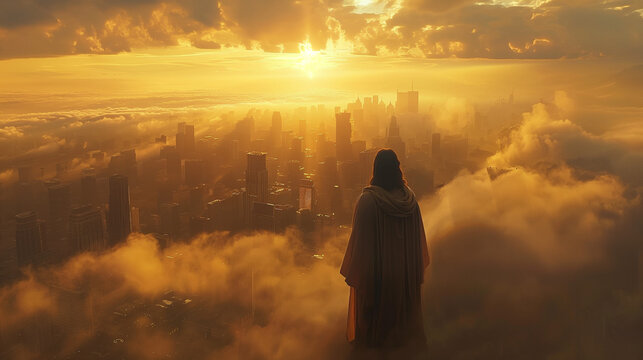 Jesus Christ Watches Over a Modern City at Dawn. Christianity and the Return of Jesus.