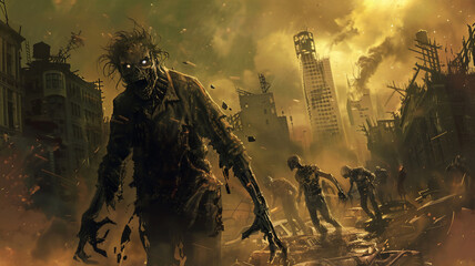 Fantasy Horror scene horde of zombies walking along road in the city