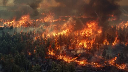 Devastating forest fire, dramatic, wildfire, destruction, nature in crisis, environmental disaster, urgent