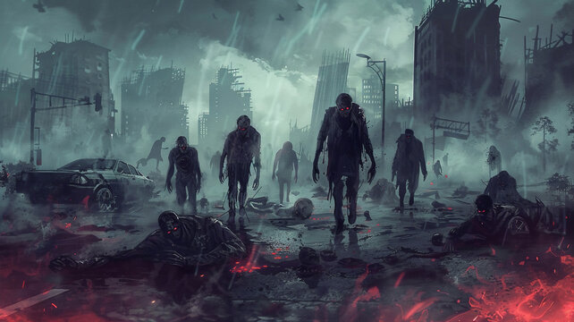 Fantasy Horror scene horde of zombies walking along road in the city