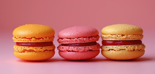 colorful macarons lined up on a pink background