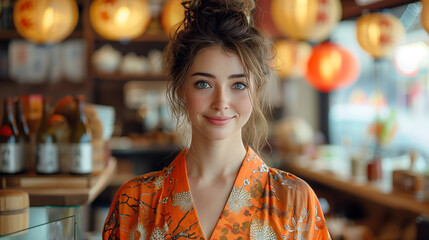 Portrait of a beautiful young woman in a traditional Japanese restaurant wearing a floral kimono.