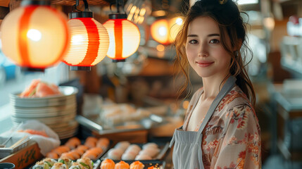 Portrait of a beautiful young woman working in a traditional Japanese restaurant.