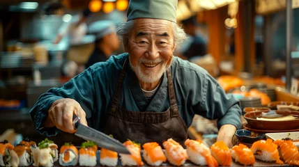  Portrait of a elderly Japanese chef preparing sushi holding a knife in a traditional restaurant. © Andrea Raffin