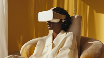 The comfort of home pairs with futuristic VR technology as a person lies down enjoying the experience - 750888591