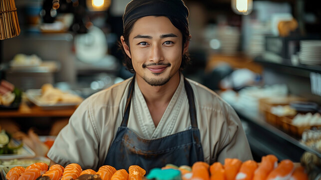 Portrait of a young Japanese chef preparing sushi in a traditional restaurant.