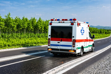 A white and red ambulance is driving down a road