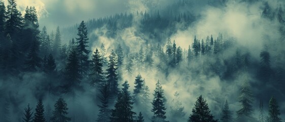 Misty pine forest, foggy, serene, wallpaper style, nature, tranquility, mystery, environment. - obrazy, fototapety, plakaty