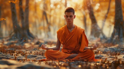  Young man meditating in forest, Buddhist monk, peaceful, autumn, spiritual, serene, contemplation