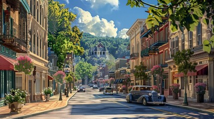 Experience the timeless beauty of Hot Springs, Arkansas, USA, as the historic town streets exude an aura of tranquility and charm, Illustration