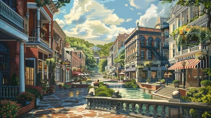 Papier Peint photo autocollant Etats Unis Experience the timeless beauty of Hot Springs, Arkansas, USA, as the historic town streets exude an aura of tranquility and charm, Illustration