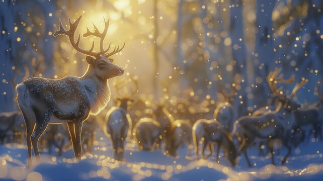 Frosty winter morning with a serene gathering of deer in a tranquil forest setting.