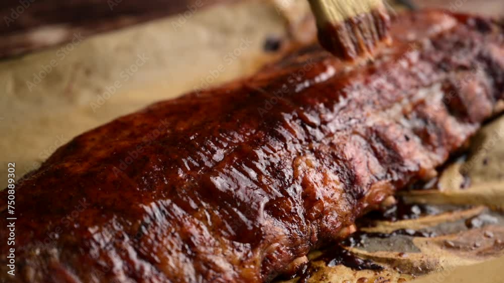 Wall mural applying bbq sauce on pork spare ribs with brush