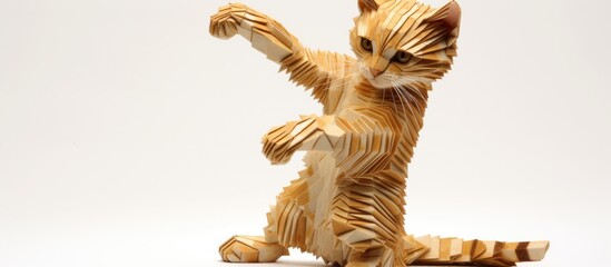 A wooden sculpture of a cat captured in a charming stretching behavior, standing on its hind legs. The intricately carved details bring out the lifelike posture of the feline.