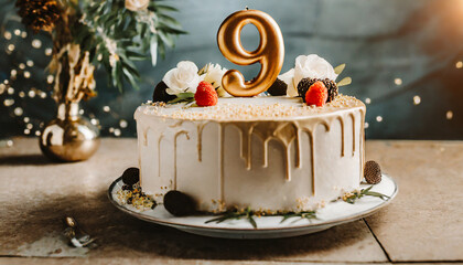 Festive happy birthday cream cake for nine-year-old child, 9 year anniversary celebration Sweet food