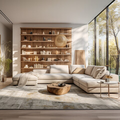 A modern living room with a unique sectional sofa, a large bookcase, and a bright area rug