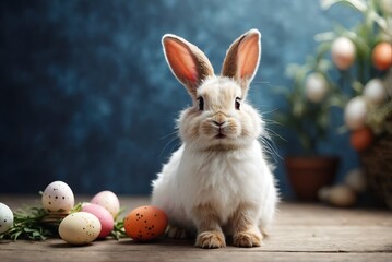 Fototapeta na wymiar Cute white bunny with Easter eggs on blue background