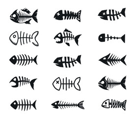 Set of different silhouettes of dead fish bones
