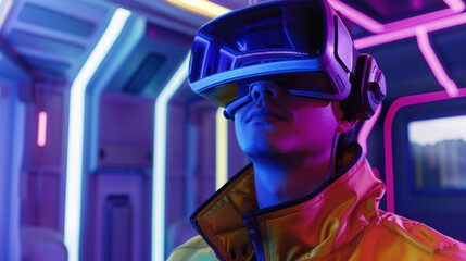 A colorfully lit scene showing a person wearing a VR headset, immersed in a vibrant neon-lit environment