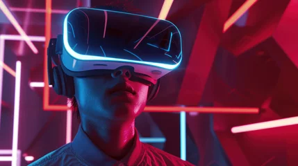 Fototapeten An anonymous user interacts with a glowing neon cyber landscape through the lens of a virtual reality headset, reflecting futurism © Fxquadro