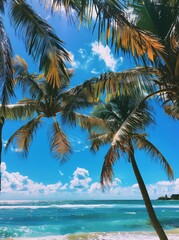 A sandy beach lined with tall palm trees under a clear blue sky, with the vast ocean in the background forming gentle waves on the shore.