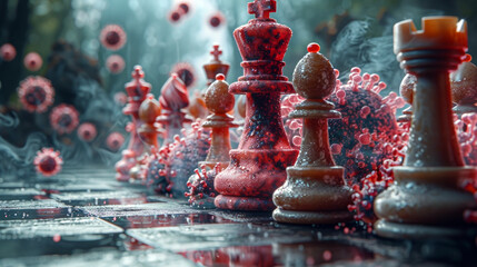 The abstract visualization of the fight against antibiotic resistance depicted as a chess game with microbes and medicines as players - obrazy, fototapety, plakaty