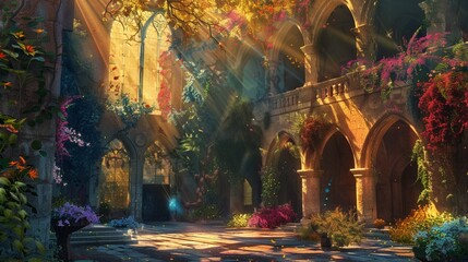 Explore the ethereal beauty of the Haghartsin monastery as shafts of golden sunlight filter through the dense canopy, casting a warm glow over the tranquil courtyard - obrazy, fototapety, plakaty