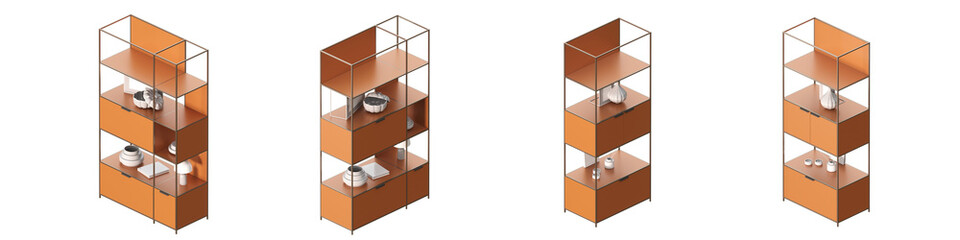 01 Shelves with orange decor 3D isometric projection on white background 