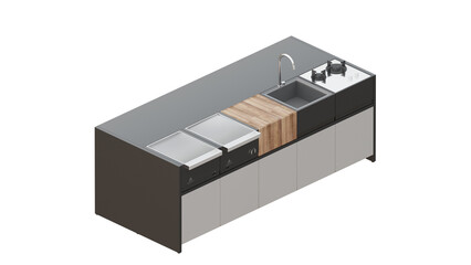 10 isometric projection of a kitchen, with island, stool, sink, grill, bbq, desk, black, outdoor, 3d rendering