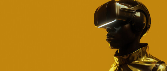 A dazzling figure in a futuristic golden suit immerses in VR, set before a monochromatic yellow background