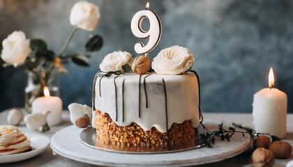 Festive happy birthday cream cake for nine-year-old child, 9 year anniversary celebration Sweet food