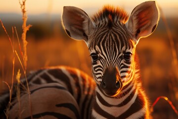 Baby zebra with the mother in the African savannah., generative IA