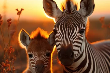 Gordijnen Baby zebra with the mother in the African savannah., generative IA © JONATAS