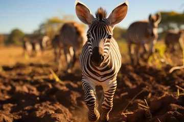 Rolgordijnen Zebra baby has fun with her pack., generative IA © JONATAS