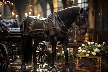 Fototapeta na wymiar Elegant horse prepared for parade with saddle., generative IA