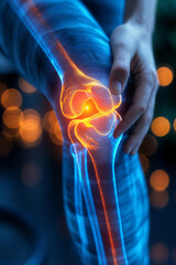 Healthcare insight: Close-up on knee pain with visual emphasis on affected area. Perfect for articles on physical therapy, sports medicine, and pain relief methods - obrazy, fototapety, plakaty