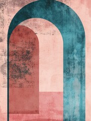 A painting featuring a prominent blue arch shape against a soft pink background, creating a striking visual contrast.