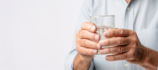 Hydration for health: Senior person holding a glass of water, staying healthy - obrazy, fototapety, plakaty