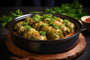 A mouthwatering scene of a pan filled with Serbian sarma, showcasing the rich flavors of stuffed cabbage leaves, accompanied by a spicy tomato sauce for a delightful dinner.