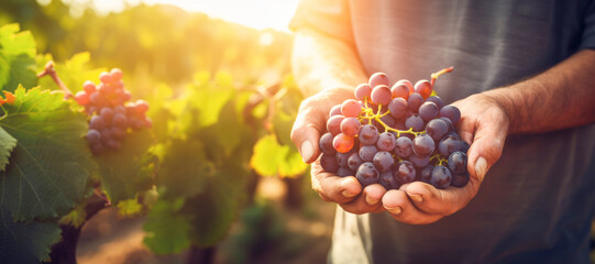 An agricultural moment showcasing a farmer's hand delicately holding a bunch of freshly harvested grapes, symbolizing the culmination of a season's hard work in the vineyard. - obrazy, fototapety, plakaty
