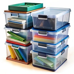 A stack of plastic file storage boxes housing binders, folders, and miscellaneous items.