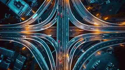 Arial top view of Modern transportation with Expressway, Road, and Roundabout, multilevel junction highway-top view. at night - obrazy, fototapety, plakaty