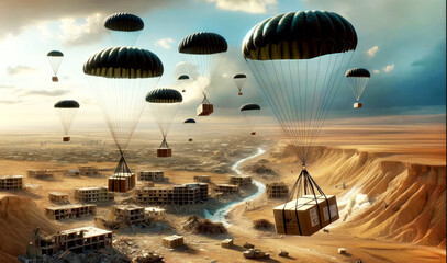 Parcels land by parachute in a war zone. Providing relief supplies for people in war zones. Concept:Help from above, help in conflicts