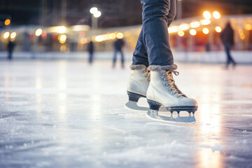 Skaters gracefully maneuver on the ice, their sharp blades carving intricate figures as they enjoy the seasonal recreation. - obrazy, fototapety, plakaty